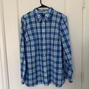 Talbots Blouse Womens Large Button Up Blue Plaid Long Sleeve Shirt 100% Cotton